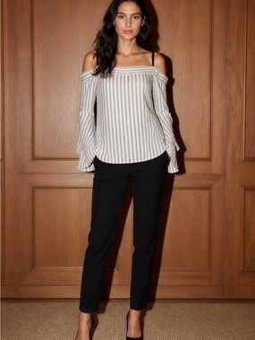 LOFT NWOT Off-Shoulder loose Striped Blouse in Ivory/ Black with bell sleeves.